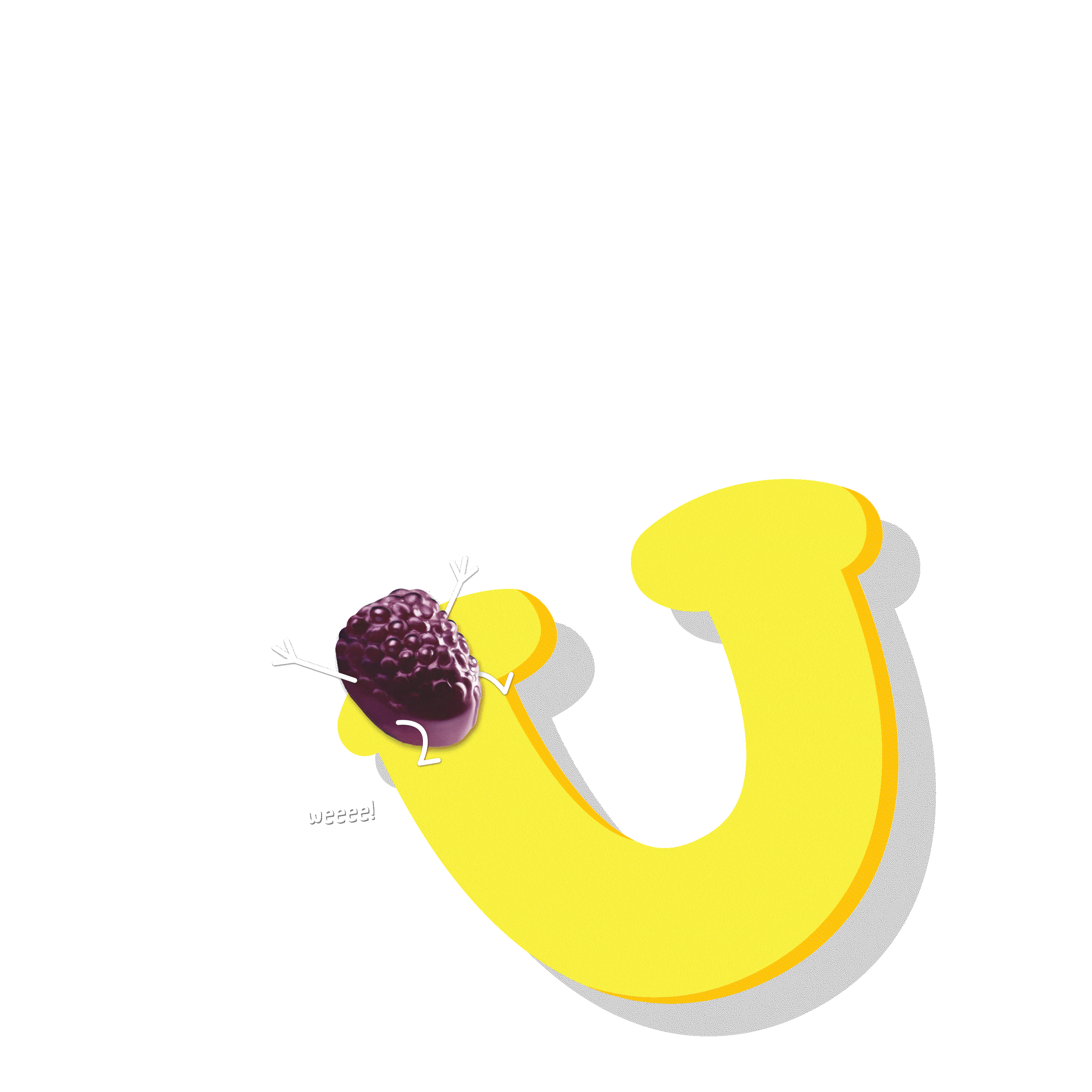 A Blackberry character is sliding on alphabet U